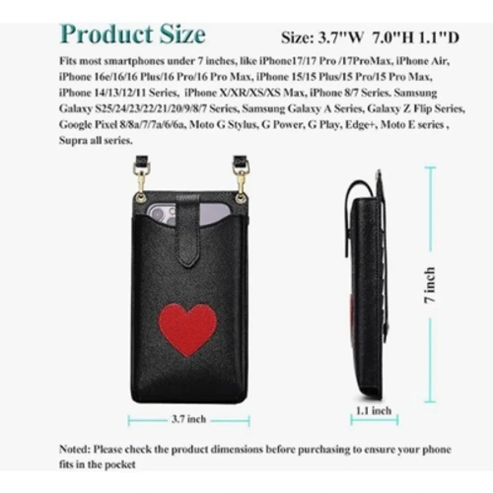 Peacocktion Phone Crossbody Wallet Case Universal Black Heart RFID Strap Holder